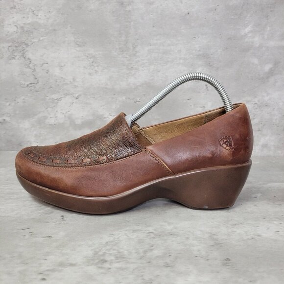 Ariat Womens Size 9.5 Clog Shoe Carmel Brown Slip On Leather Wedge - Picture 1 of 14